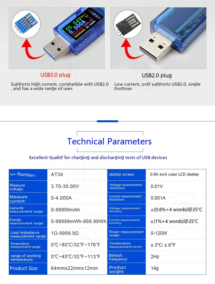 AT34 Instrument de détection de chargeur USB voltmètre numérique