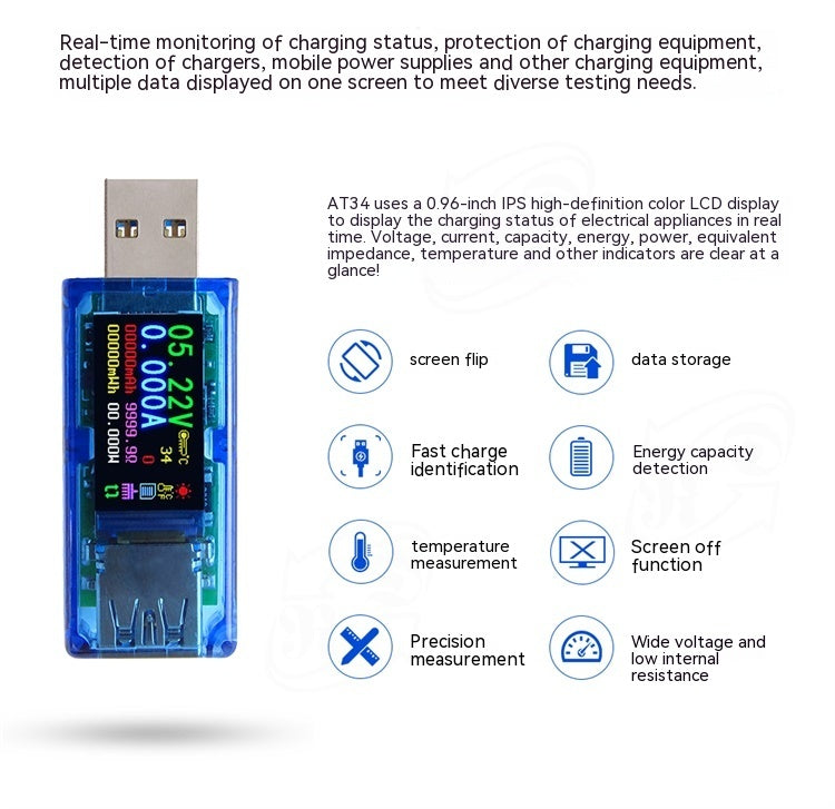 AT34 Instrument de détection de chargeur USB voltmètre numérique