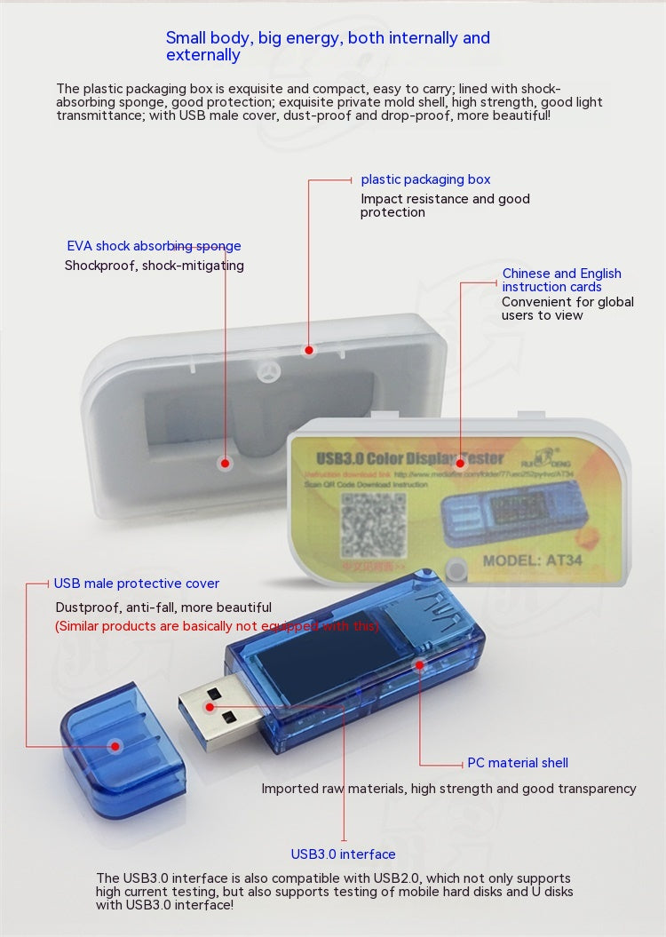 AT34 Instrument de détection de chargeur USB voltmètre numérique