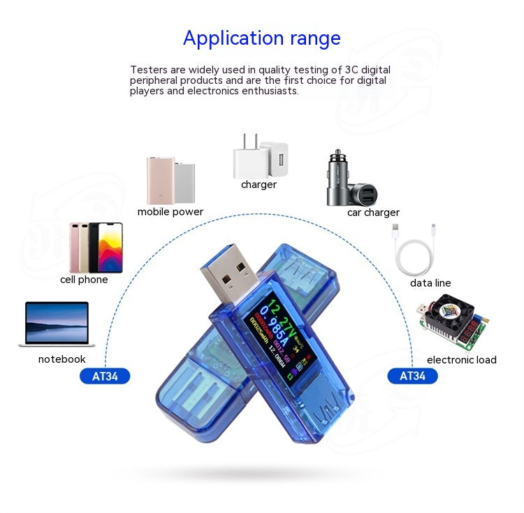 AT34 Instrument de détection de chargeur USB voltmètre numérique