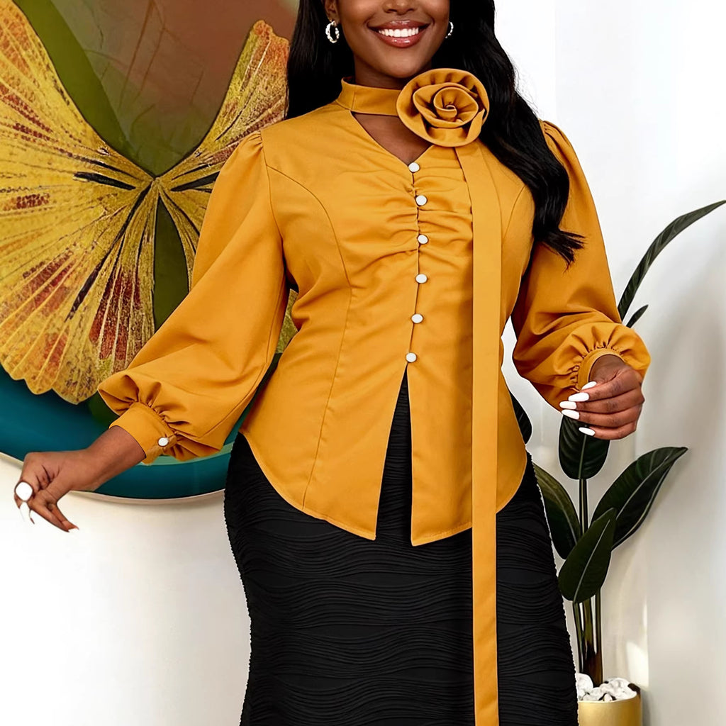 Fashionable Bubble-sleeve Waist-defined Ginger-jaune Deux pièces Top Set