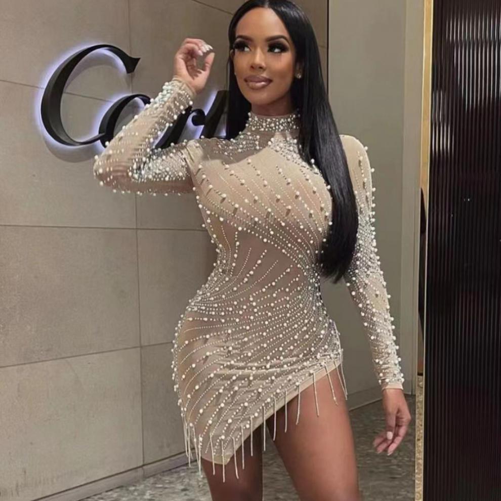 Lourd Industrie Perle Strass Stretch Side Seam Tassel Robe courte