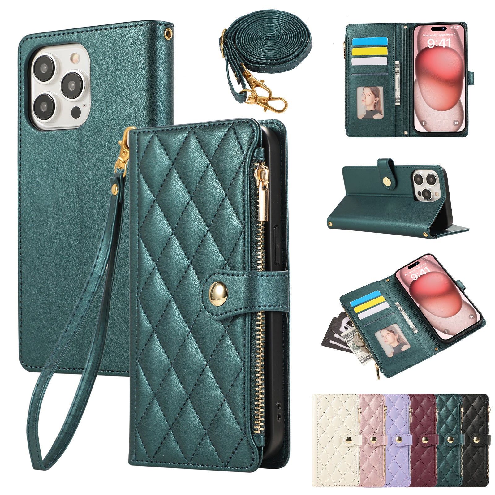 Solid Color Simple Diamond Le style de Chanel Zipper Crossbody Rope Phone Case