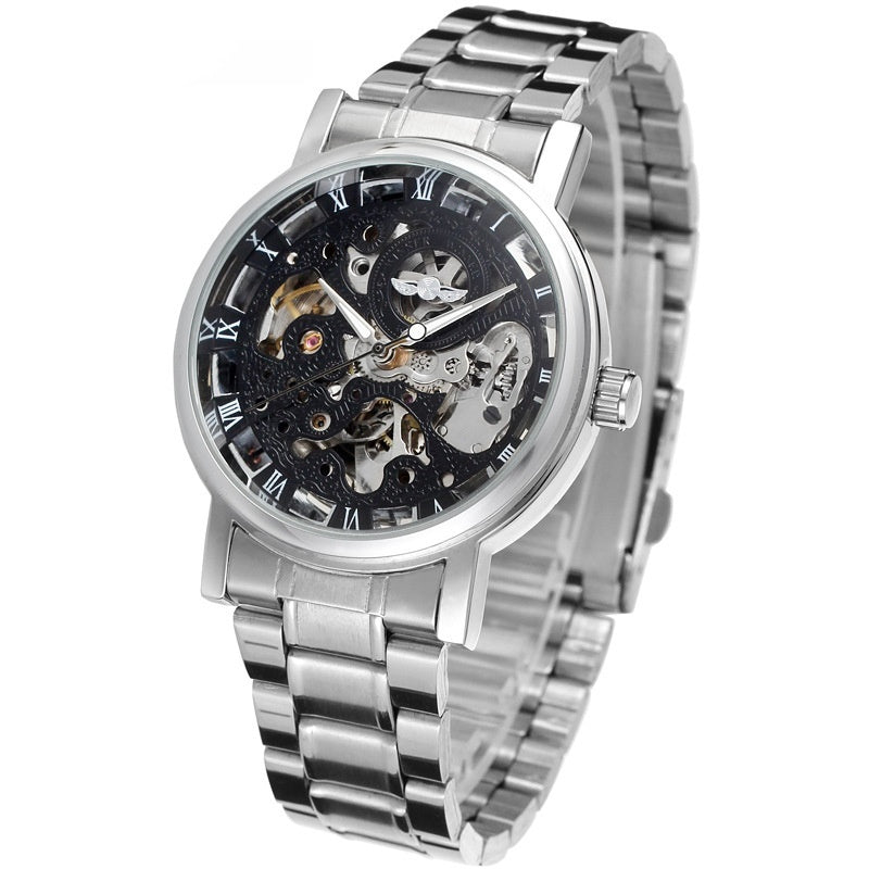 Lauréat Round Hollow Transparent Montre en acier mécanique