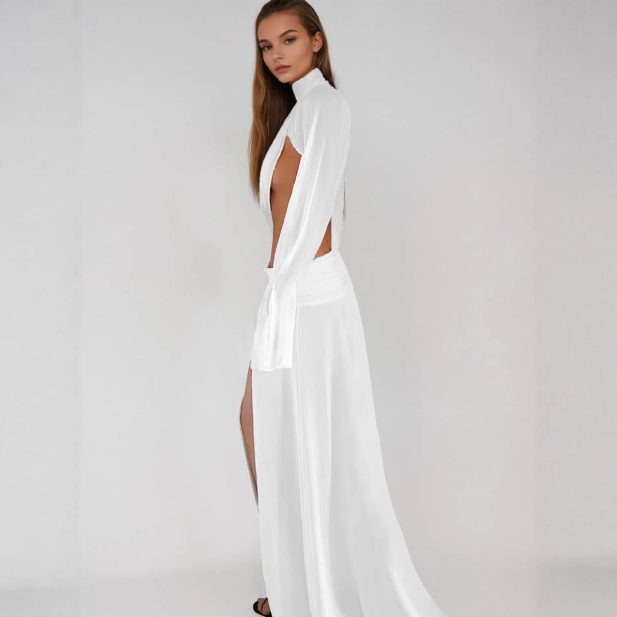 Flared dress with three-dimensional pleats and stacked pants