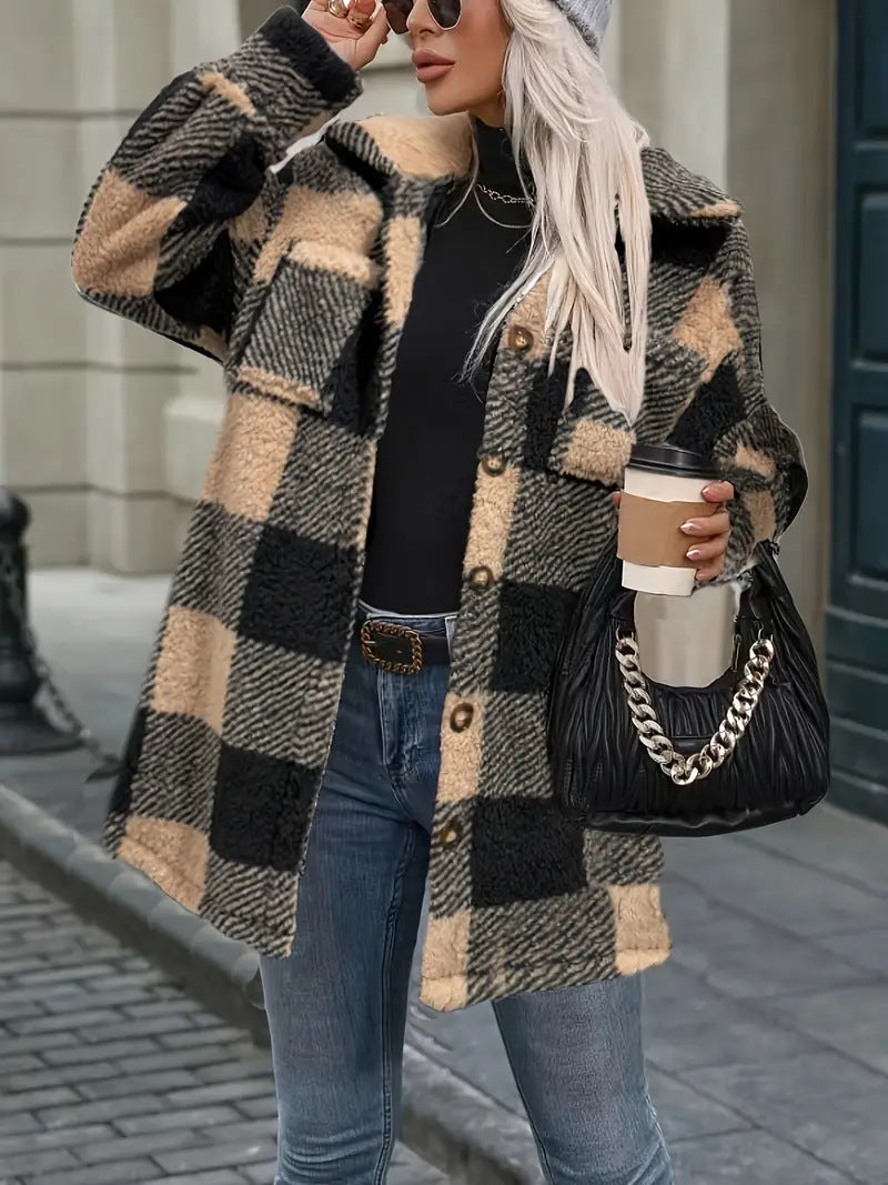 Femmes Automnehiver Lambswool Lapel Enduit à manches longues en Plaid Casual