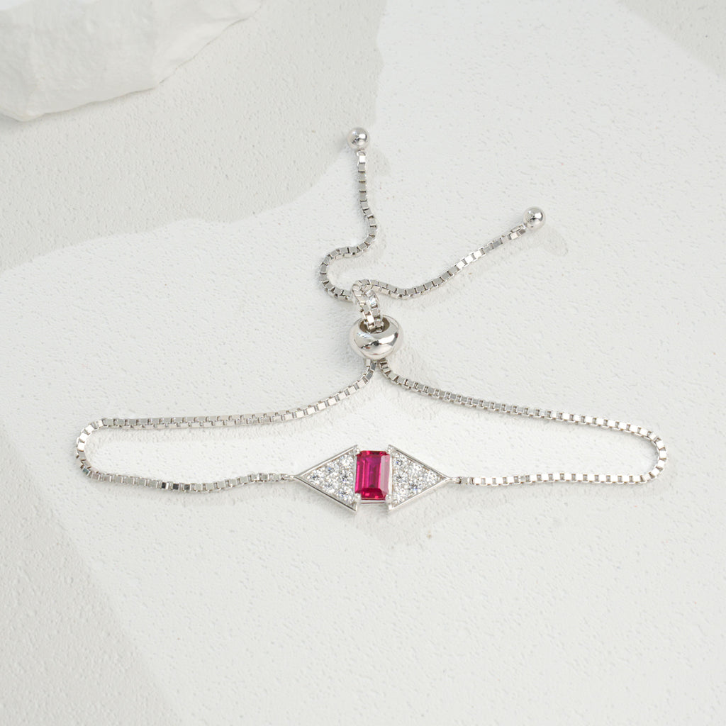 S925 Argent Sterling Rectangle 6x4mm Lab-Grown Emerald Ruby Bracelet 22cm Slider Adjustabl