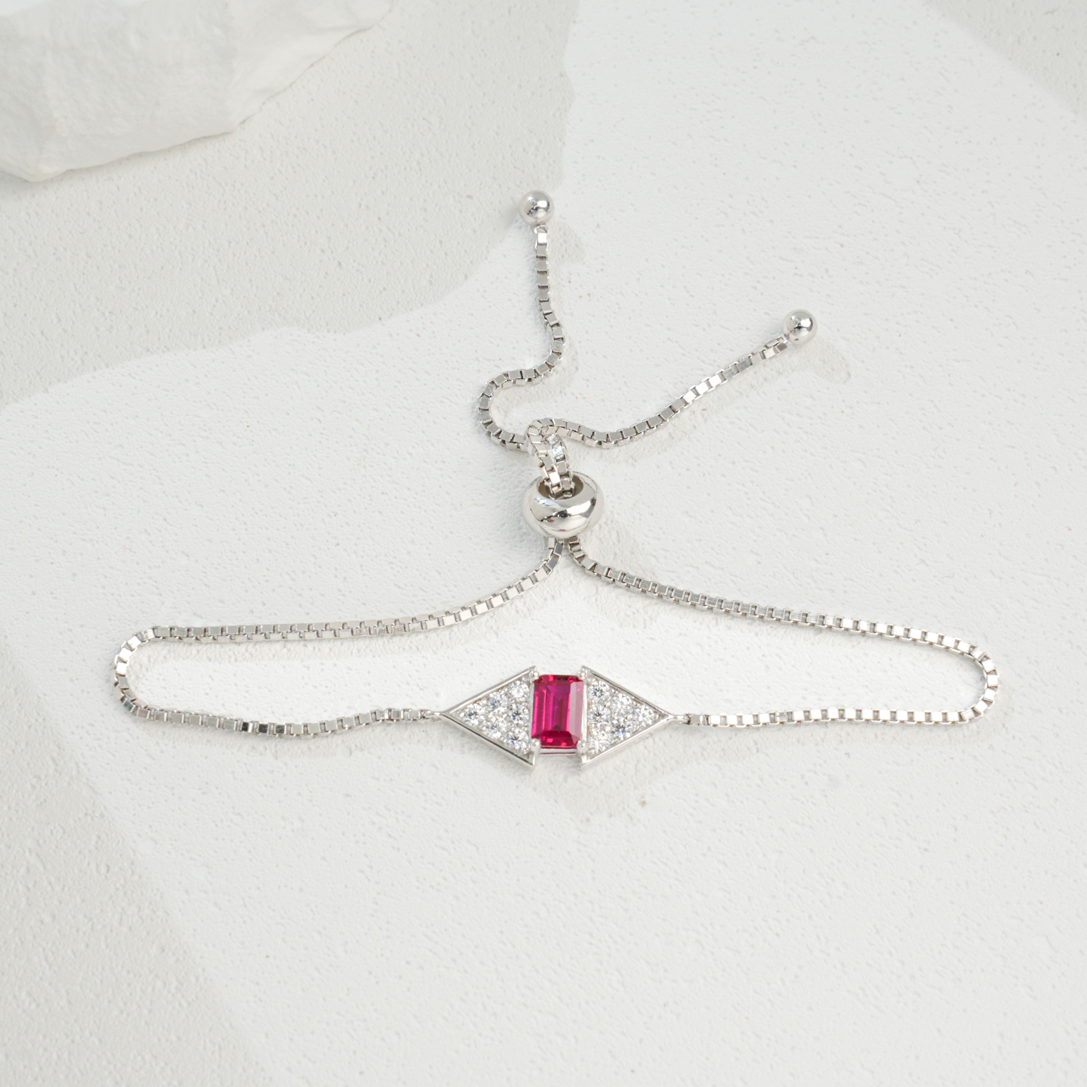 S925 Argent Sterling Rectangle 6x4mm Lab-Grown Emerald Ruby Bracelet 22cm Slider Adjustabl