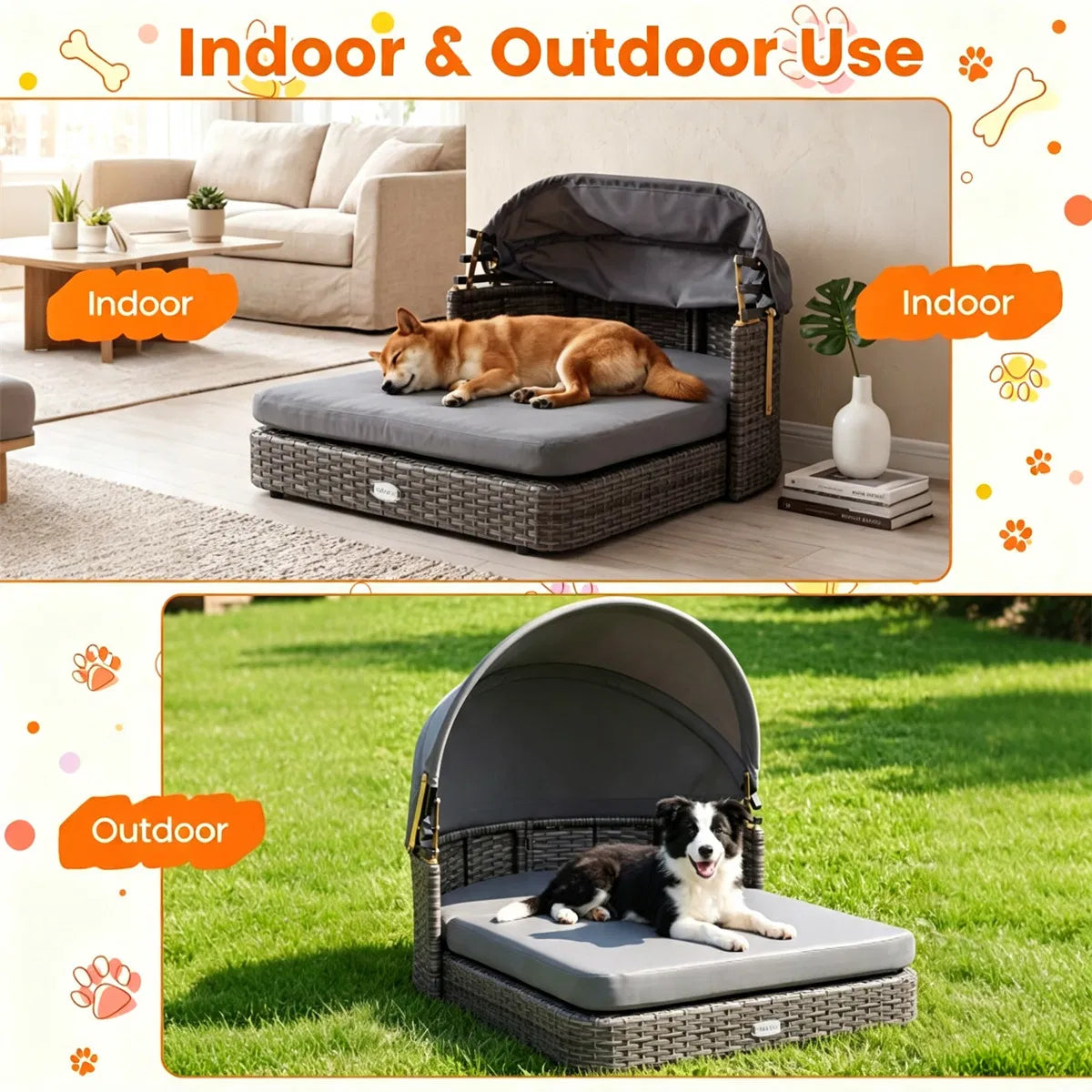 Lit de chien en rotin gris avec canopée réglable