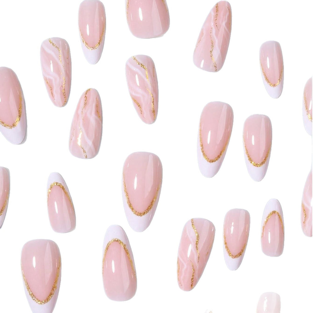 Nails à amandes de style français avec bords blancs et fil d'or prêt à porter