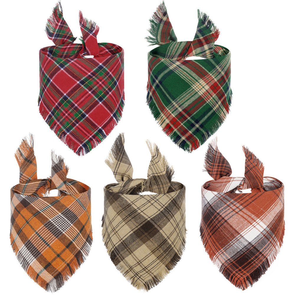 Bandana de chien d'automne Vivant avec des bords de tassels Classic Plaid Triangle Dog Apparel Accessori
