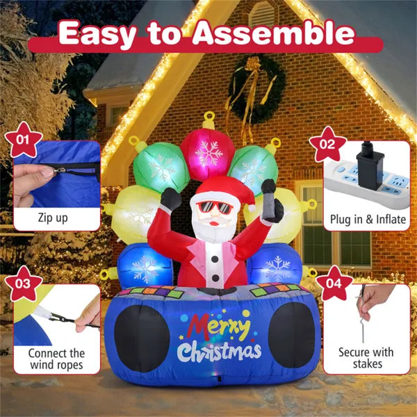6ft Xmas gonflable DJ Santa - RGB LED Orbs Musique Mute Mode Stakes/Ropes Quick Setup Outdo