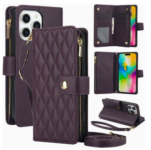 Solid Color Simple Diamond Le style de Chanel Zipper Crossbody Rope Phone Case