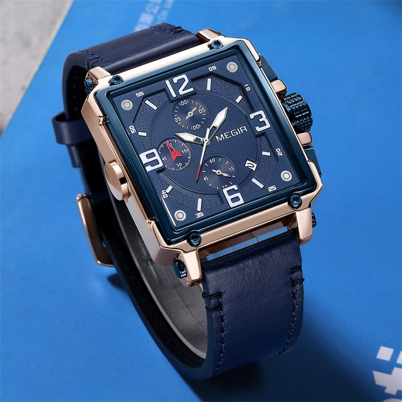 Lumineux homme Waterproof Square Multi-fonction Chronographe Calendrier Montre en cuir