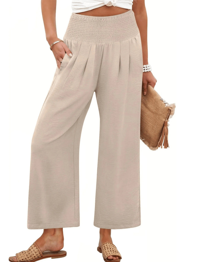 Printemps et automne Couleur solide Pantalons de femmes broyés haute taille taillés droit-leg Casual