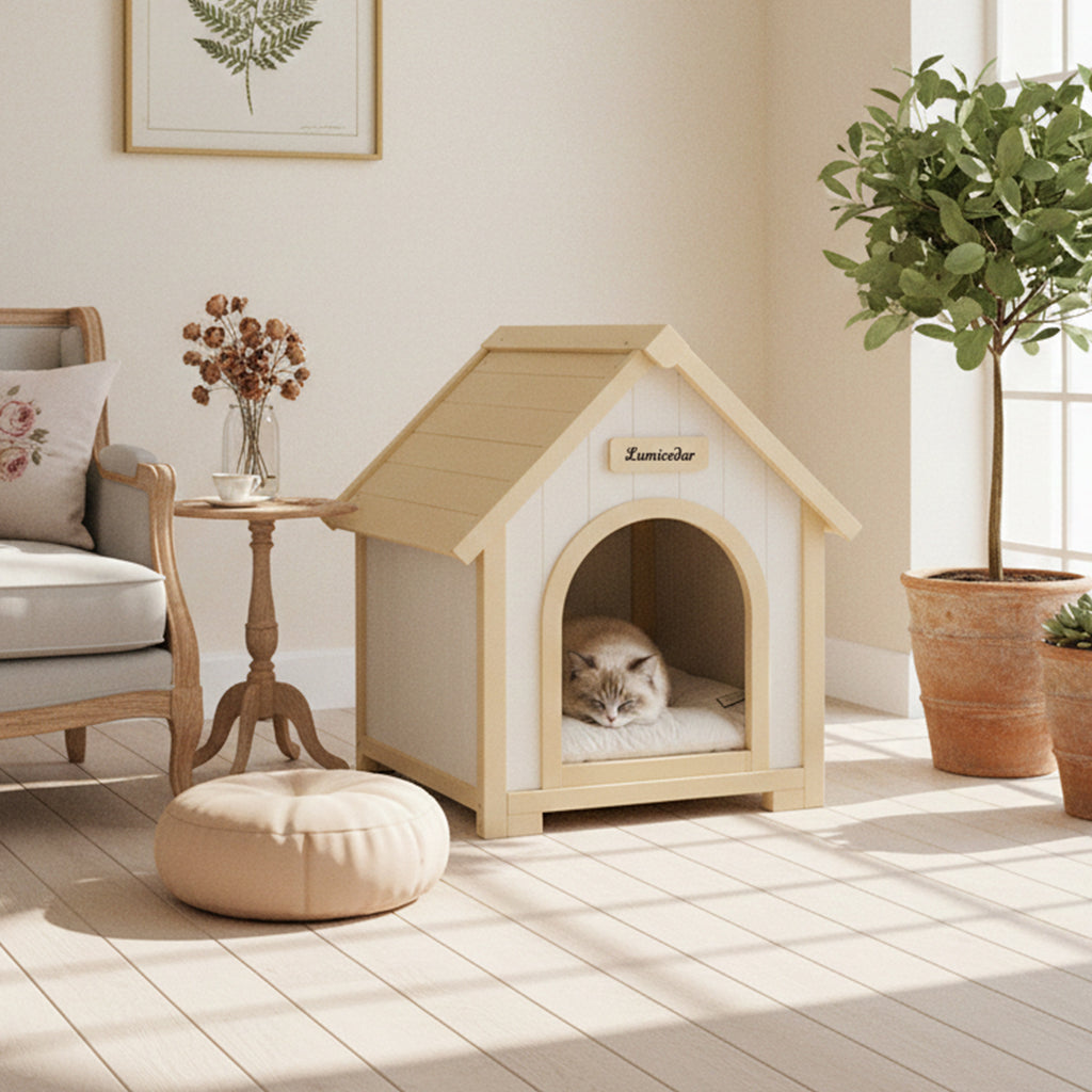 Maison de chien en bois moderne avec coussin EVA – Cèdre solide Pet House pour petits chiens & C
