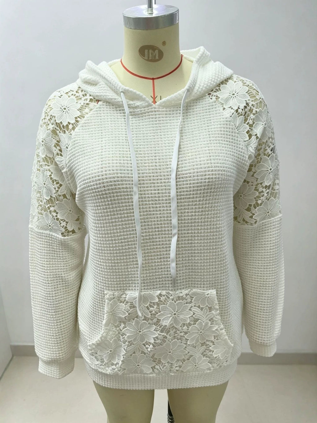 Amazon Autumn Hollow Dentelle Splicing Gentle Style Loose Drawstring Capuche polyvalent femmes