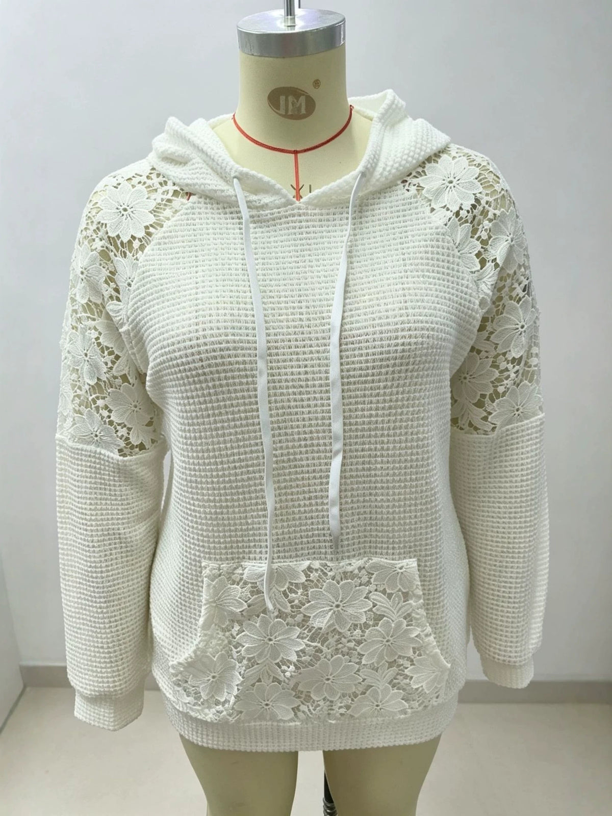 Amazon Autumn Hollow Dentelle Splicing Gentle Style Loose Drawstring Capuche polyvalent femmes
