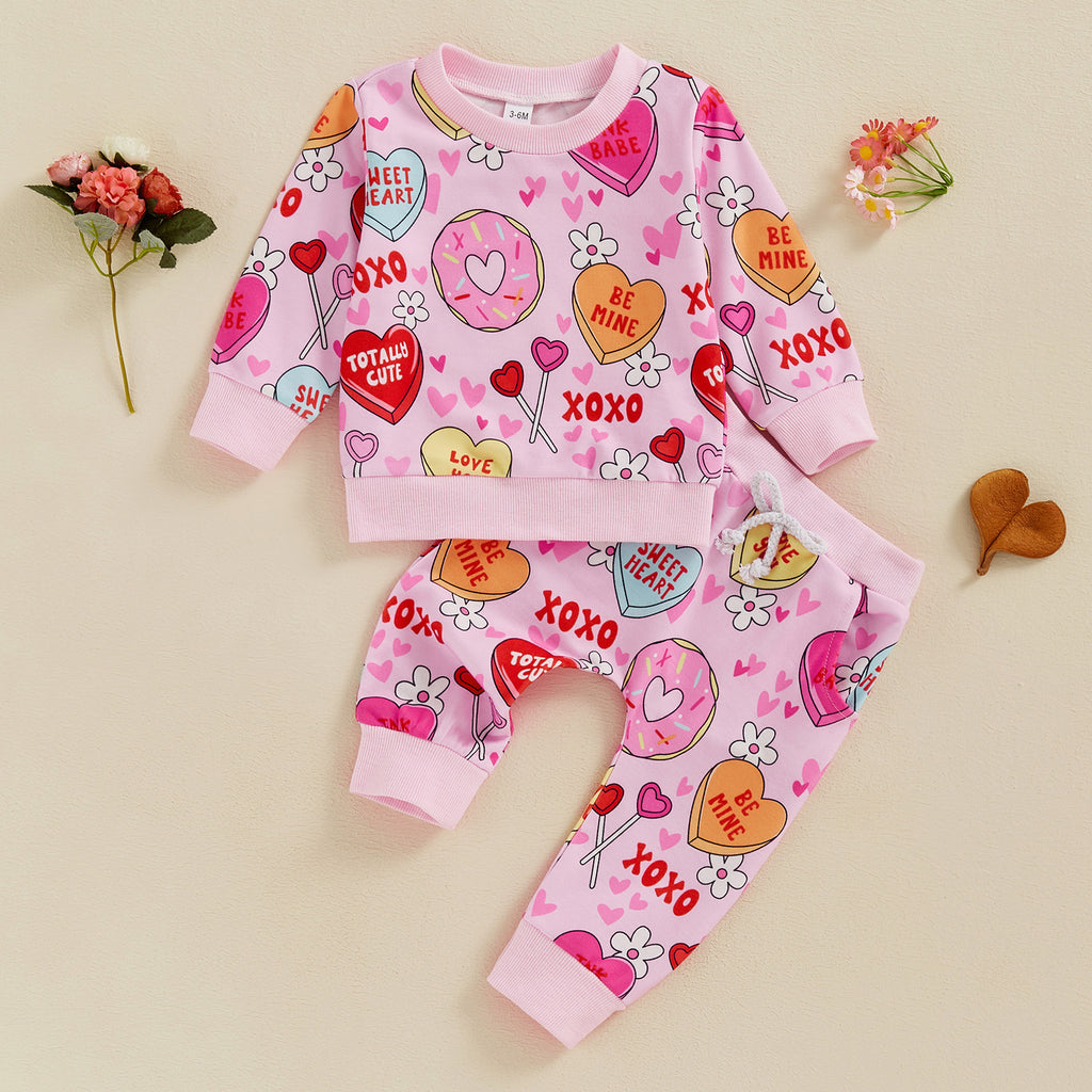 Bébé Tout-petit Love Floral Print Pantalon de pull à manches longues Ensemble deux pièces