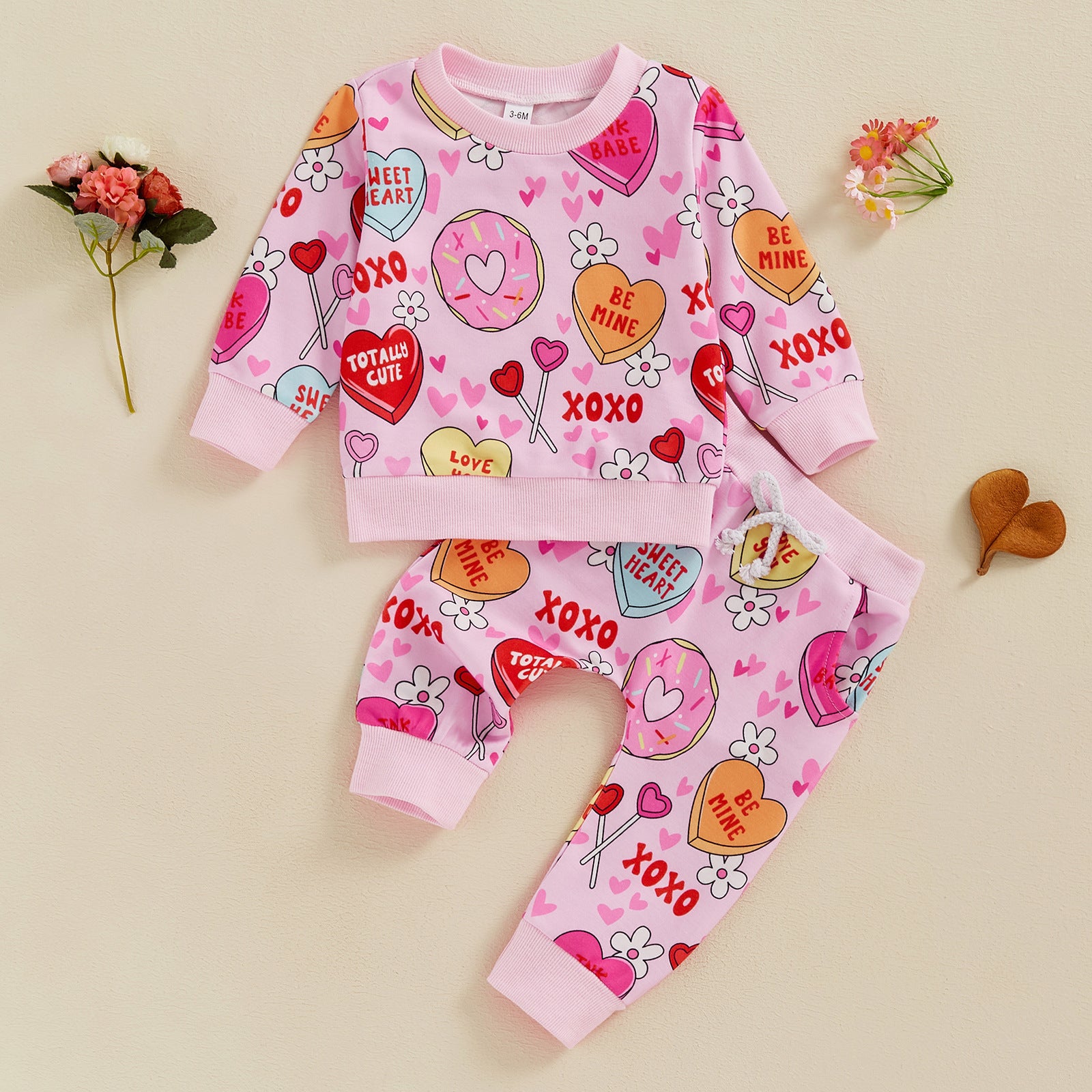 Bébé Tout-petit Love Floral Print Pantalon de pull à manches longues Ensemble deux pièces