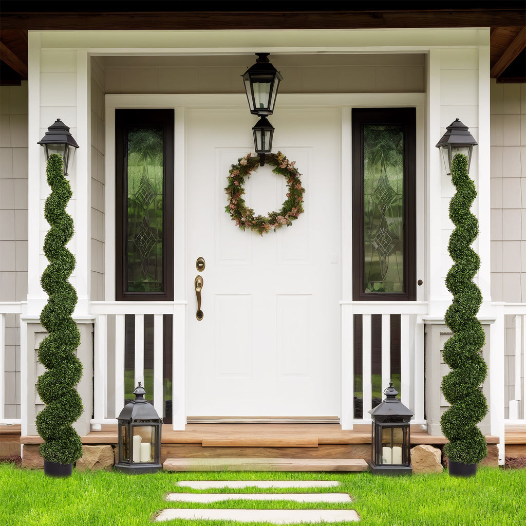 7FT Spiral Arbres topiaires artificiels à l'extérieur Faux Boxwood Plantes Grand Pot vert tordu
