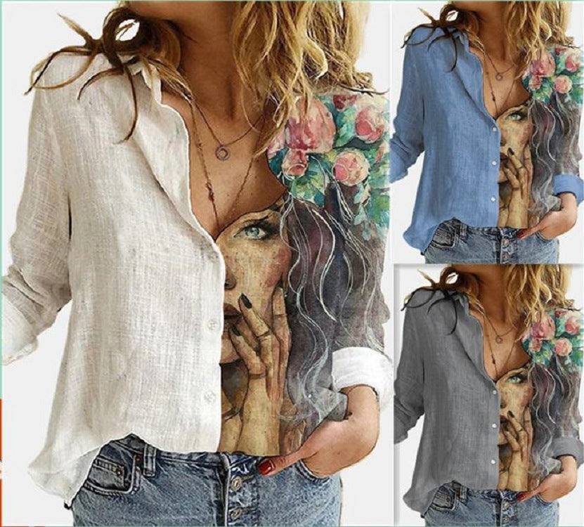 European and American Summer Fashion Women's Loose Style Retro Cartoon Digital Printed Lon