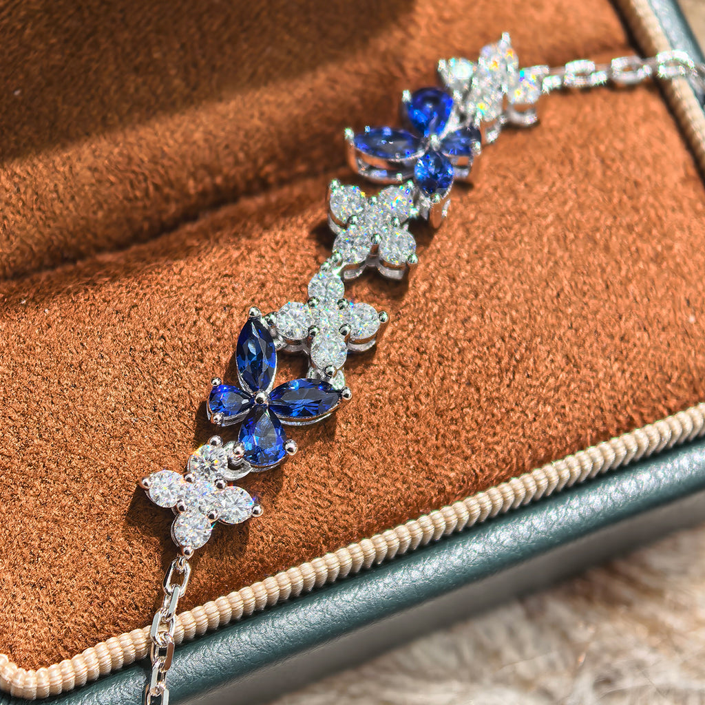 S925 Argent Sterling Lab-Grown Gemme Bracelet papillon 16cm Bleu P Encre Moissanite Plat