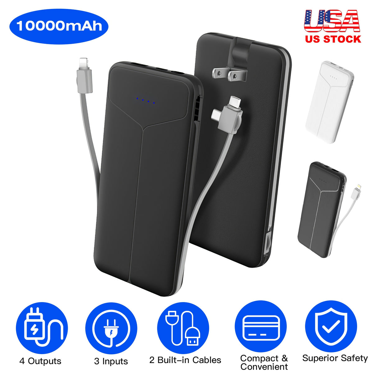 Portable Charger 10000mAh Power Bank with US Plug 2 Built-in Cables External Battery