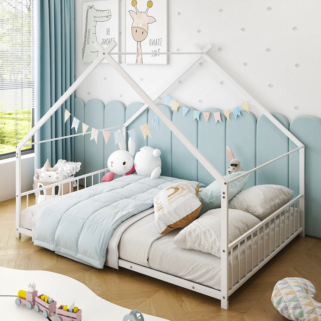 Maison de lit plat blanc en forme avec garde-corps latéraux Lit de fer pour enfants jumeaux
