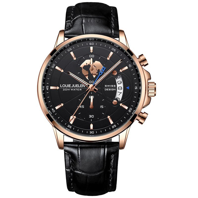 Bracelet d'acier de montre lumineuse en cuir à trois yeux d'affaires