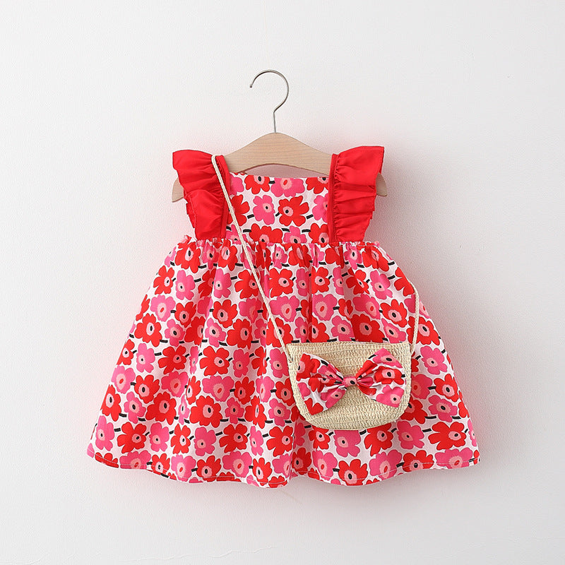 Bébé fille Flounced Sleeve Robe Gratuit Bamboo Panier Satchel