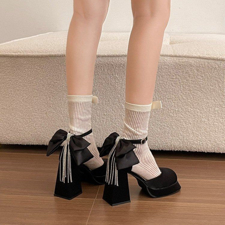 Femmes Bow Strass Tassel Platform Block Heel Pompes Poignée de cheville Talons ronds de fête des orteils