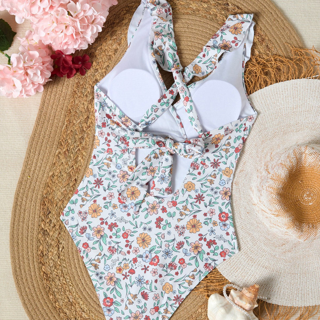 Manteau à noeuds encastré Floral-print Col en V profond Maillot de bain en une pièce