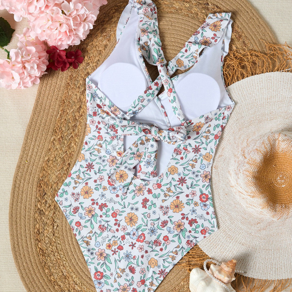 Manteau à noeuds encastré Floral-print Col en V profond Maillot de bain en une pièce
