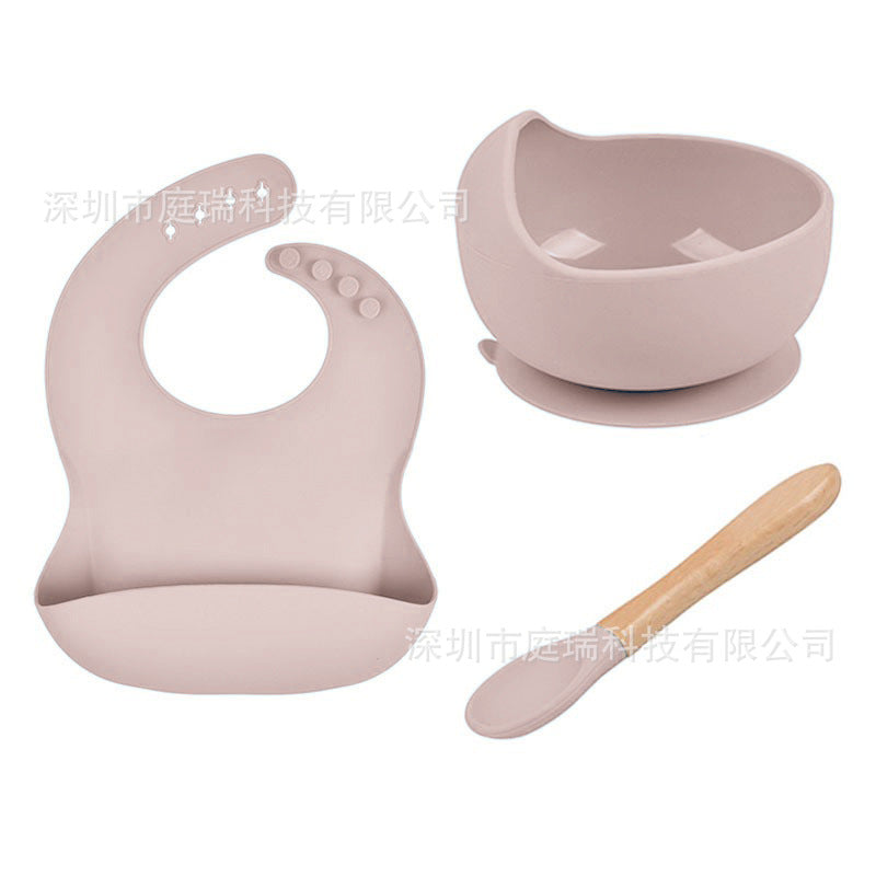 Baby Tableware Solid Food Bowl Silicone Bib Spoon en bois Ensemble de trois pièces