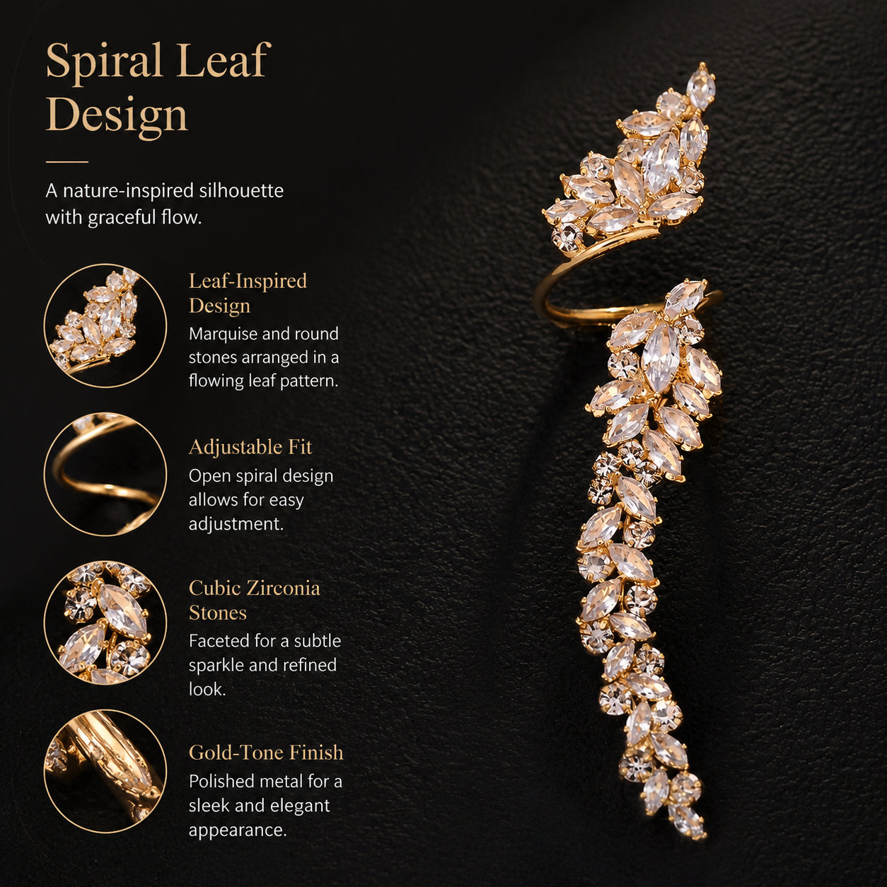 Anneau d'or pour femmes avec le design de feuille de Strass - Déclaration Accessoire à doigts longs