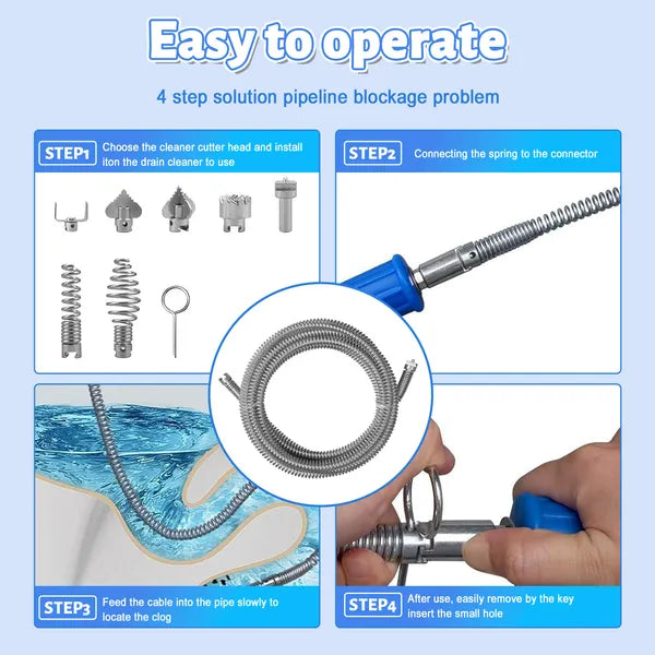 Powerful 12MM 7-Piece tuyau drain Snake Auger Kit avec tête de coupe lourde