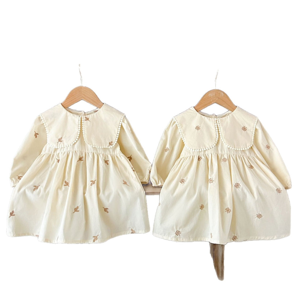 Filles Papillon et Leaf Brodé Lapel Robe à manches longues
