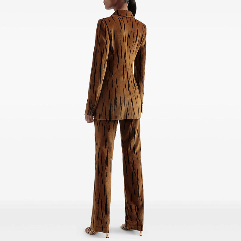 Tiger Stripe Velvet Two-Piece Suit-Double Breasted Blazer & High Waist Flared Floor-Length