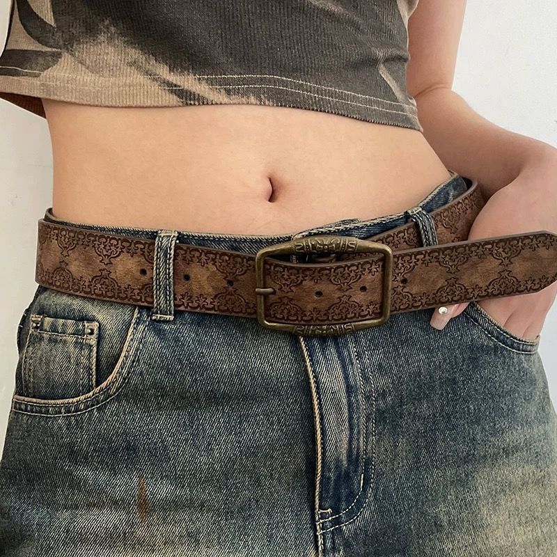 Ceinture en cuir embossée vintage de style américain avec boucle en bronze