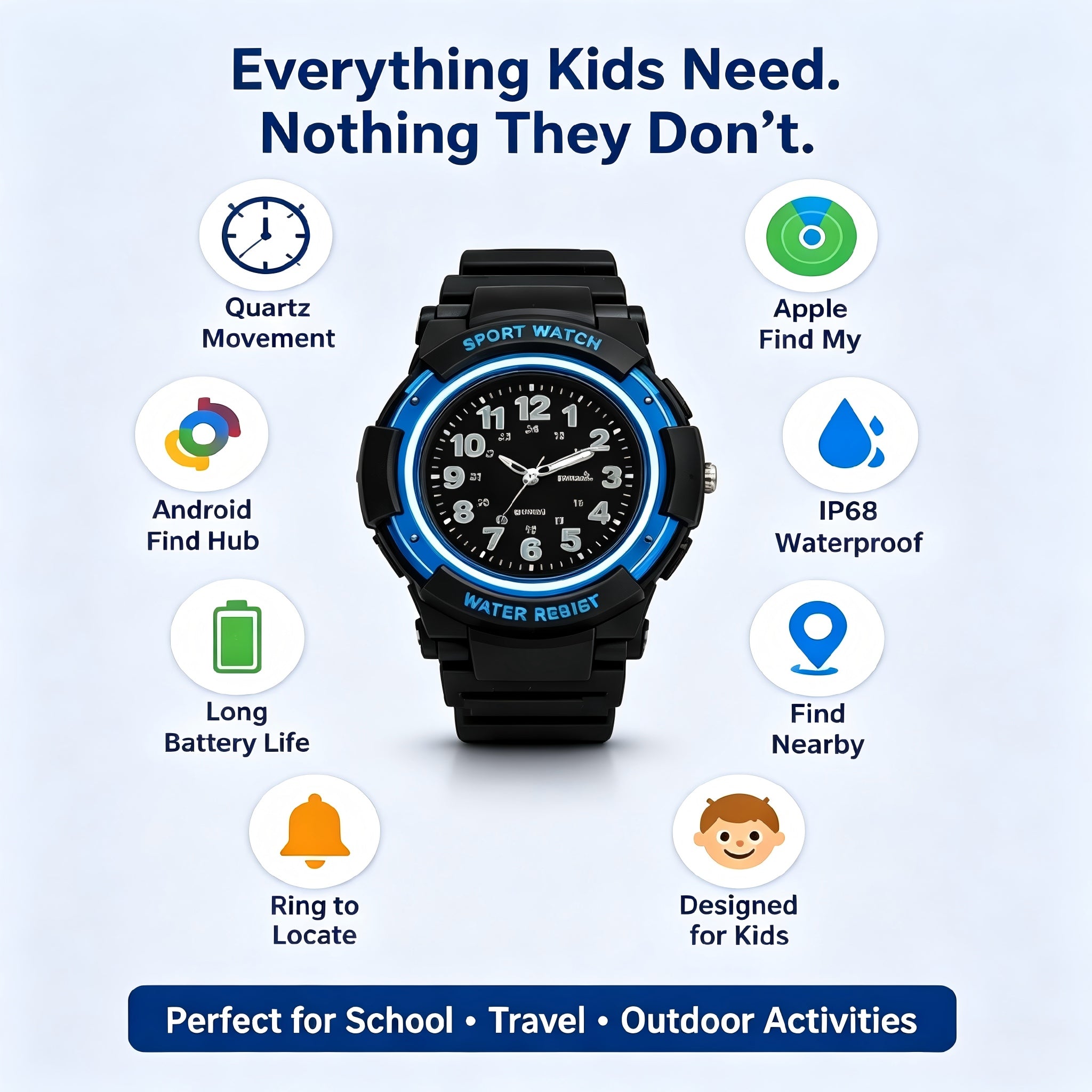 Enfants Anti-Lost Watch Trouver mon Android Trouver Hub Bluetooth Tracker Quartz Watch IP68 Waterpro