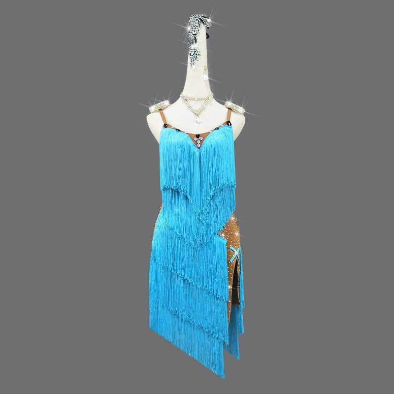Robe fringée haut de gamme pour les concours professionnels de danse latine en bleu
