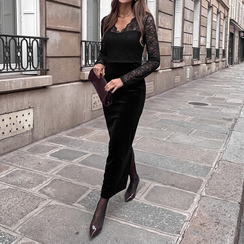 Robe élégante en velours et en dentelle pour femmes