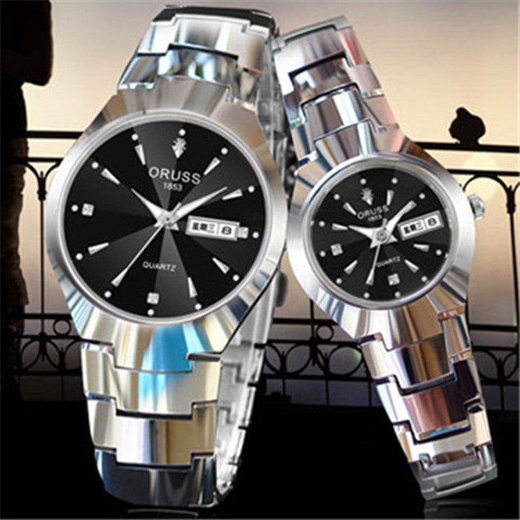 Tungstène acier couleur imperméable mode étudiant couple calendrier Quartz montre