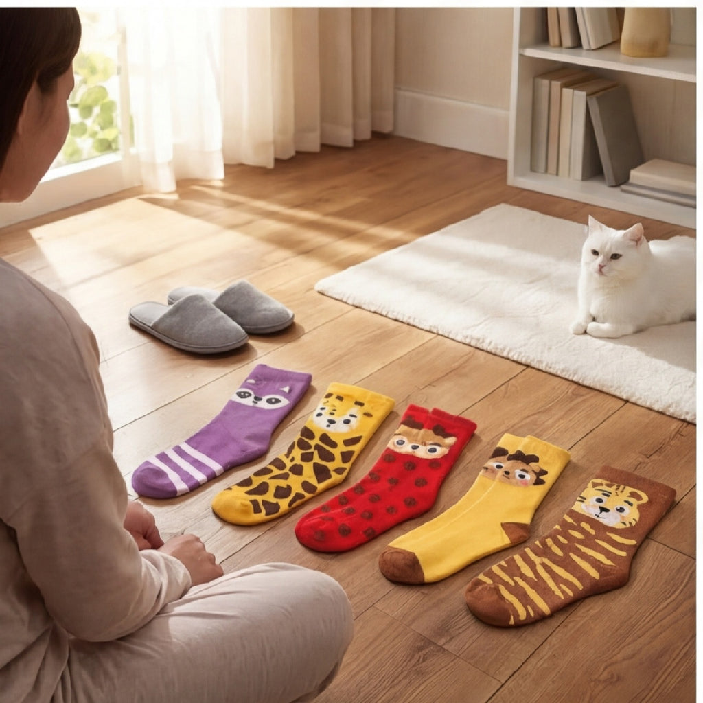 5 paires de chaussettes pour femmes avec des modèles animaux – Chaussettes d'équipage mignons avec tigre