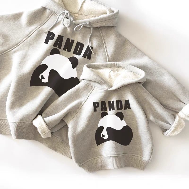 Caricature Panda Plus Velvet Manches longues à capuches parent-enfant
