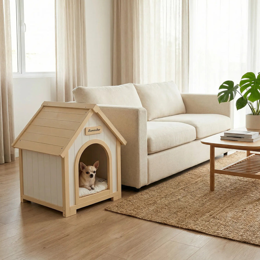 Maison de chien en bois moderne avec coussin EVA – Cèdre solide Pet House pour petits chiens & C