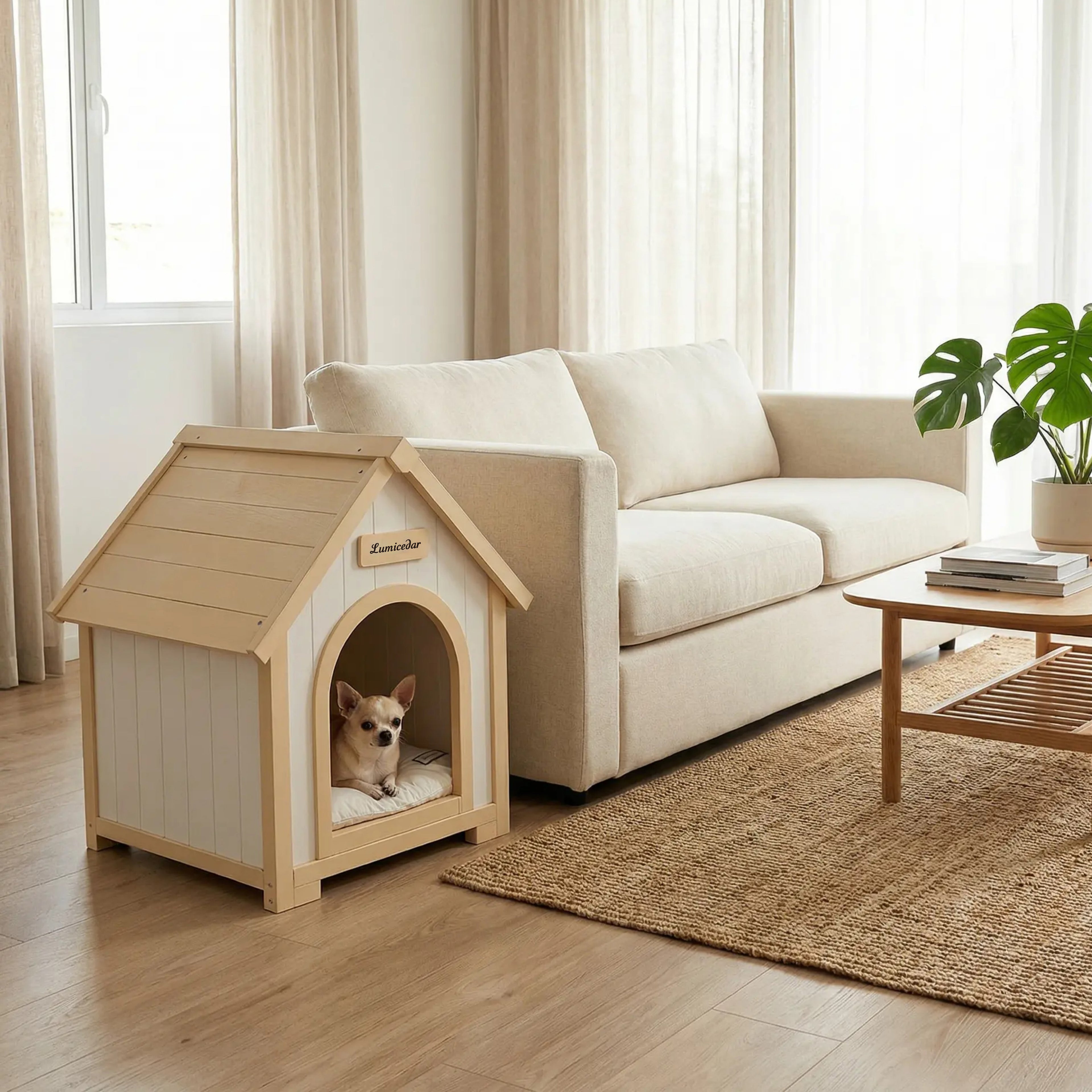 Maison de chien en bois moderne avec coussin EVA – Cèdre solide Pet House pour petits chiens & C