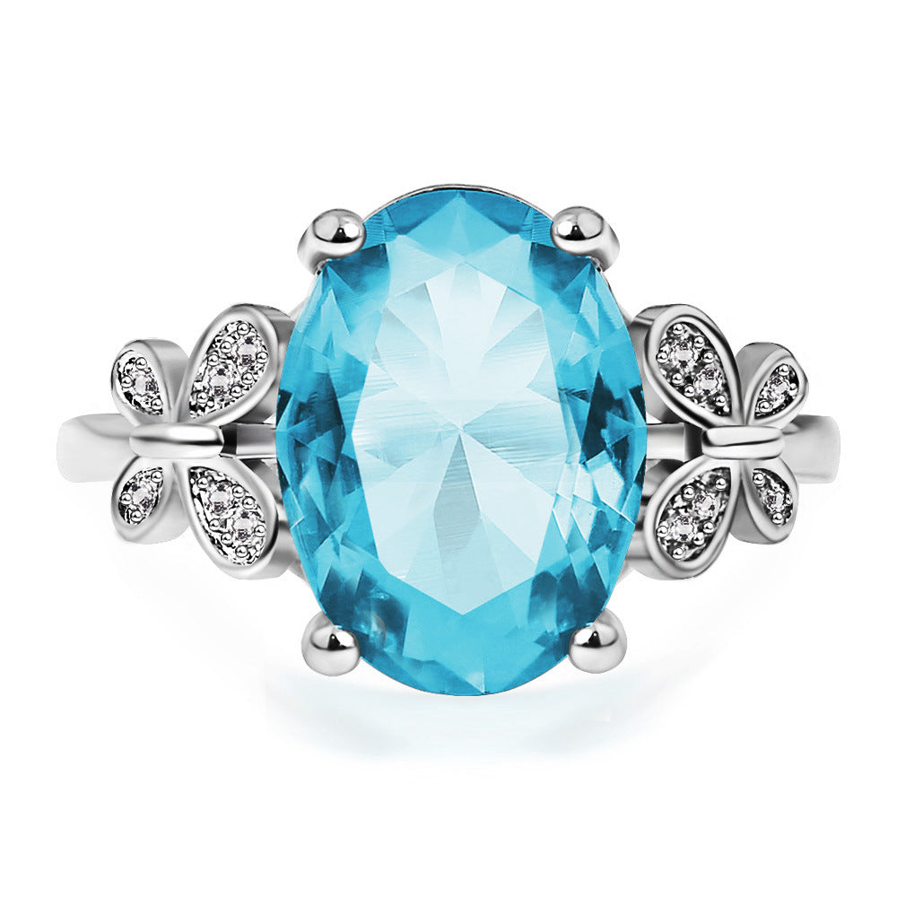 Grandeur Sea Blue Zircon Ladies Ring Simple Bow Ring Ring