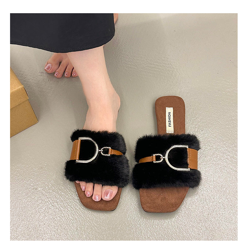 Femmes Plus Taille Plat Métal D Style de fée Une Slippers Furry Slippers Full Fur House